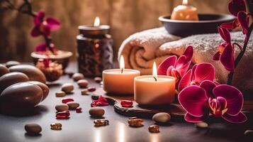 AI generated spa setting with candles and orchids photo