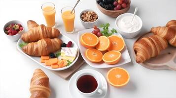 ai generado desayuno con cruasanes, fruta, yogur y naranja jugo foto