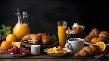 ai generado desayuno con naranja jugo, cruasanes, Fruta y jugo en de madera mesa foto