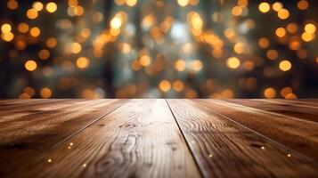 AI generated wooden table with bokeh lights background photo