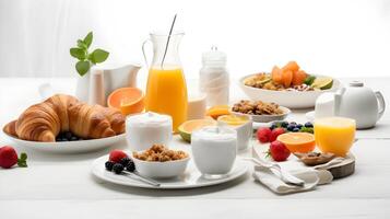 AI generated breakfast with fruit and juice on white table photo