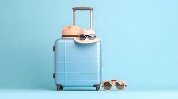 ai generado azul maleta con sombrero, Gafas de sol y Gafas de sol en azul antecedentes foto