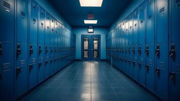 ai generado un largo pasillo con azul casilleros en un colegio foto
