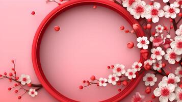 AI generated cherry blossom frame with red frame and white flowers photo