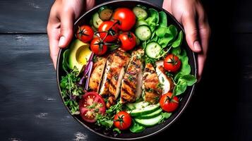 ai generado manos participación un plato con un ensalada y pollo foto