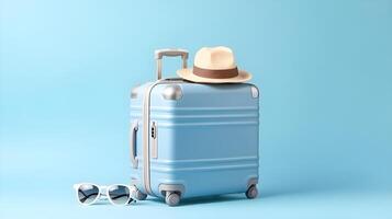 AI generated blue suitcase with hat, sunglasses and sunglasses on a blue background photo