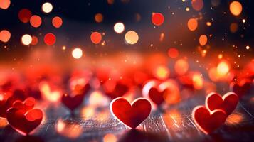 AI generated many red hearts are scattered on a table with bokeh lights photo