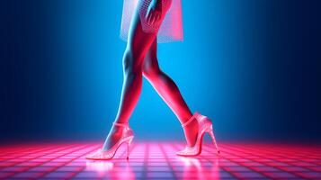 ai generado un mujer en alto tacones caminando en un rojo y azul antecedentes foto