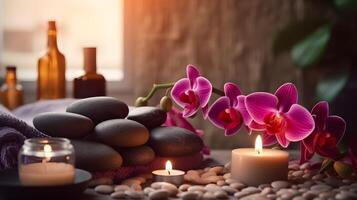 AI generated spa setting with candles and orchid flowers photo