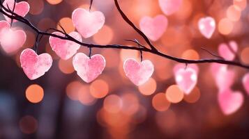 ai generado rosado corazones colgando desde un rama con bokeh luces foto