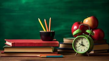 ai generado espalda a colegio concepto con libros, lápices, alarma reloj y manzanas en un mesa foto