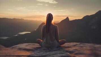 AI generated a woman sitting on a rock overlooking a mountain at sunset photo