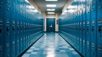 ai generado un largo pasillo con azul casilleros en un colegio foto