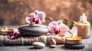 ai generado spa piedras y orquídea flores con velas en un mesa foto