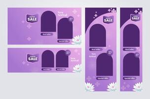 Set of Beautiful purple sale promotion banner template with flower decoration in various size vector