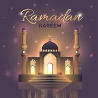 Vector Ramadan Kareem card. Magic banner for Ramadan wishing. Gold arabic mosque and stars. Decor in Eastern style. Islamic Holidays background. Card for Muslim feast of Ramadan month.