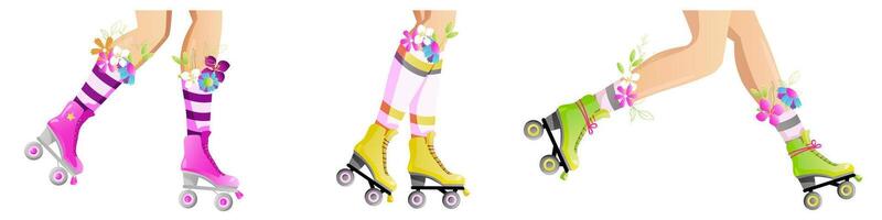hand drawn Roller skates and legs. Girls wearing retro roller skates. Female legs and rollerblades with flowers in socks. Vector illustration isolated on white