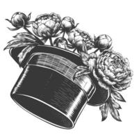 engraving of Flowers in hat cylinder. Hand drawn peony in gentlemen's top hat. Black and white sketch vector illustration isolated on white. print design T-shirt apparel flower shop, flower delivery