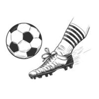 Clásico grabado de fútbol jugador pateando pelota. mano dibujado bosquejo de futbolista dispara y puntuaciones meta. vector ilustración aislado en blanco antecedentes. tinta línea dibujo.