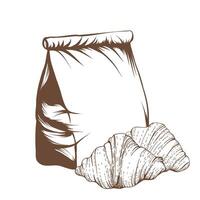 Food delivery paper bag and croissant hand icon. lunch linear style sign for mobile concept and web design. Take away fast food simple line vector. illustration graphics isolated on white background vector