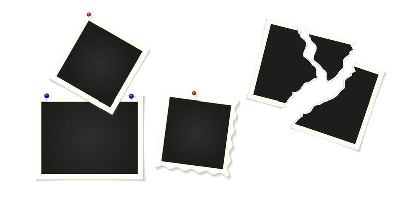 Collage photo frames with buttons. Retro snapshots, mockup of instant photos attached with buttons, torn old photo. Realistic template with shadow.