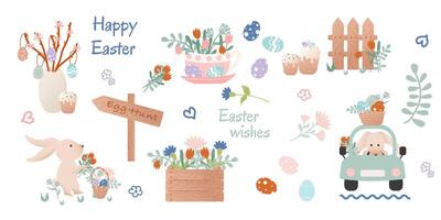 Happy Easter clip art. Set of cartoon characters in retro style. Easter bunny, car with bunny, flowers, basket with Easter eggs. vector