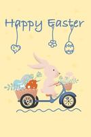 Easter bunny on a bicycle. Basket with Easter eggs. Illustration in retro style. Hand drawn. vector