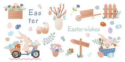 Happy Easter clip art. Set of cartoon characters in retro style. Easter bunny, bicycle with bunny, flowers, basket with Easter eggs. vector