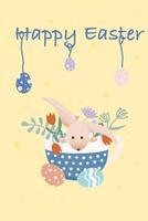 Holiday card. Easter bunny in a cup and Easter eggs. Retro style illustration. Hand drawn. vector