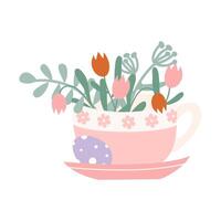 Holiday illustration. Cup with flowers and easter egg. Illustration in retro style. Hand drawn vector