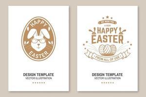 Happy Easter card, badge, logo, sign. Vector. Typography design with easter rabbit and hand eggs. Modern minimal style. For poster, greeting card, overlay, sticker. Easter Egg Hunt vector