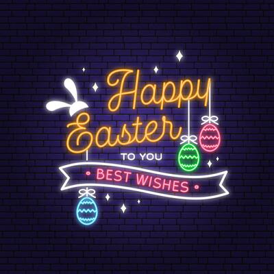 Happy Easter neon card, badge, logo, sign. Vector. Typography neon design with easter rabbit and hand eggs. Modern minimal style. For poster, greeting card, overlay, sticker