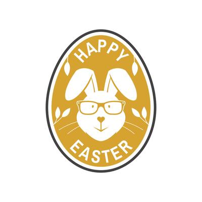 We wish you a very happy easter card, badge, logo, sign. Vector. Typography design with easter rabbit and hand eggs. Modern minimal style. Easter Egg Hunt