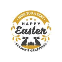 We wish you a very happy easter card, badge, logo, sign. Vector. Typography design with easter rabbit and hand eggs. Modern minimal style. Easter Egg Hunt vector