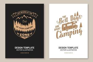 Set of outdoor adventure inspirational quote. Vector Concept for shirt, logo, print, stamp or tee. Vintage typography design with camper tent, camper van, mountain, forest landscape silhouette