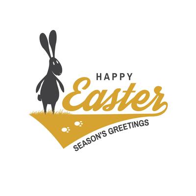 Happy Easter card, badge, logo, sign. Vector. Typography design with easter rabbit and hand eggs. Modern minimal style. For poster, greeting card, overlay, sticker