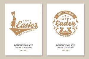 Happy Easter card, badge, logo, sign. Vector. Typography design with easter rabbit and hand eggs. Modern minimal style. For poster, greeting card, overlay, sticker. Easter Egg Hunt vector