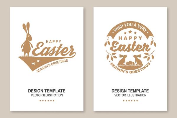 Happy Easter card, badge, logo, sign. Vector. Typography design with easter rabbit and hand eggs. Modern minimal style. For poster, greeting card, overlay, sticker. Easter Egg Hunt