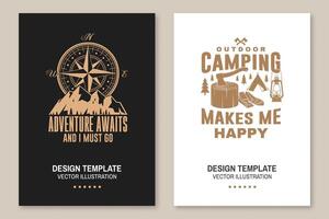 Set of outdoor adventure inspirational quote flyer, brochure, banner, poster. Vector . Typography design with camper tent, mountain, forest landscape silhouette.