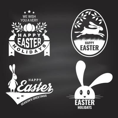 Happy Easter card, badge, logo, sign. Vector. Typography design with easter rabbit and hand eggs. Modern minimal style. For poster, greeting card, overlay, sticker. Easter Egg Hunt