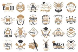 Set of Bakery shop badge. Vector. Design with windmill, rolling pin, dough, wheat ears, old oven, wooden bread shovels silhouette. For restaurant, bakery identity objects, packaging menu vector