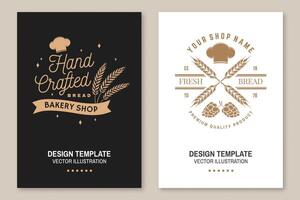 Hand crafted bread flyer, brochure, banner, poster. Vector. Typography design with dough, hop and chef hat silhouette. Template for bakery, restaurant identity objects, packaging and menu vector