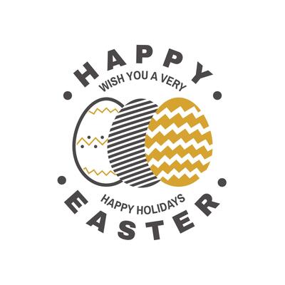 Happy Easter card, badge, logo, sign. Vector. Typography design with easter hand eggs. Modern minimal style. For poster, greeting card, overlay, sticker