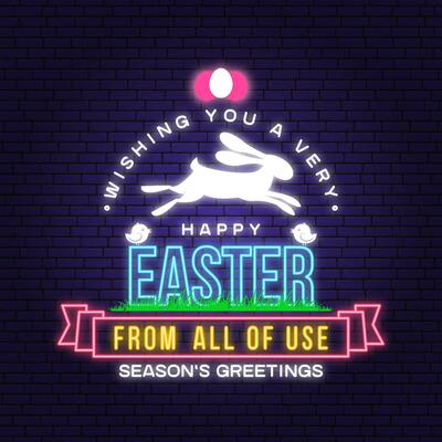 Happy Easter card, badge, logo, sign. Vector. Typography design with easter rabbit and hand eggs. Modern minimal style. For poster, greeting card, overlay, sticker