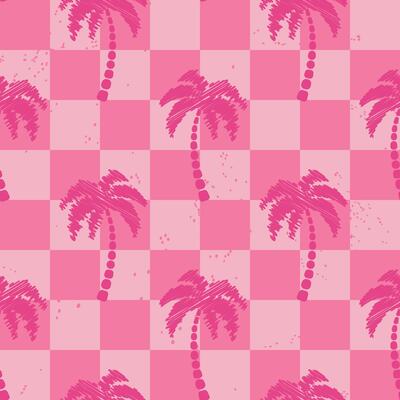 Scribble palm tree seamless pattern on retro checkered background