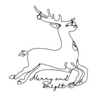 One Line Deer Merry and Bright Lettering Continuous Line Drawing vector