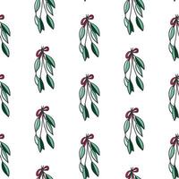 Christmas Winter Branches, Mistletoe, Leaves Doodle with Bow Sketch Hand drawn Seamless Pattern vector