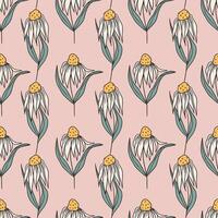 Chamomile Daisy Flower, Retro Sketch Hand Drawn Floral Seamless Pattern vector