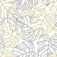 Palm Monstera Leaves gold and black line sketch hand drawn seamless pattern vector