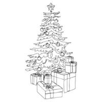 One Line Christmas Tree with Gift Boxes Continuous Line Drawing vector